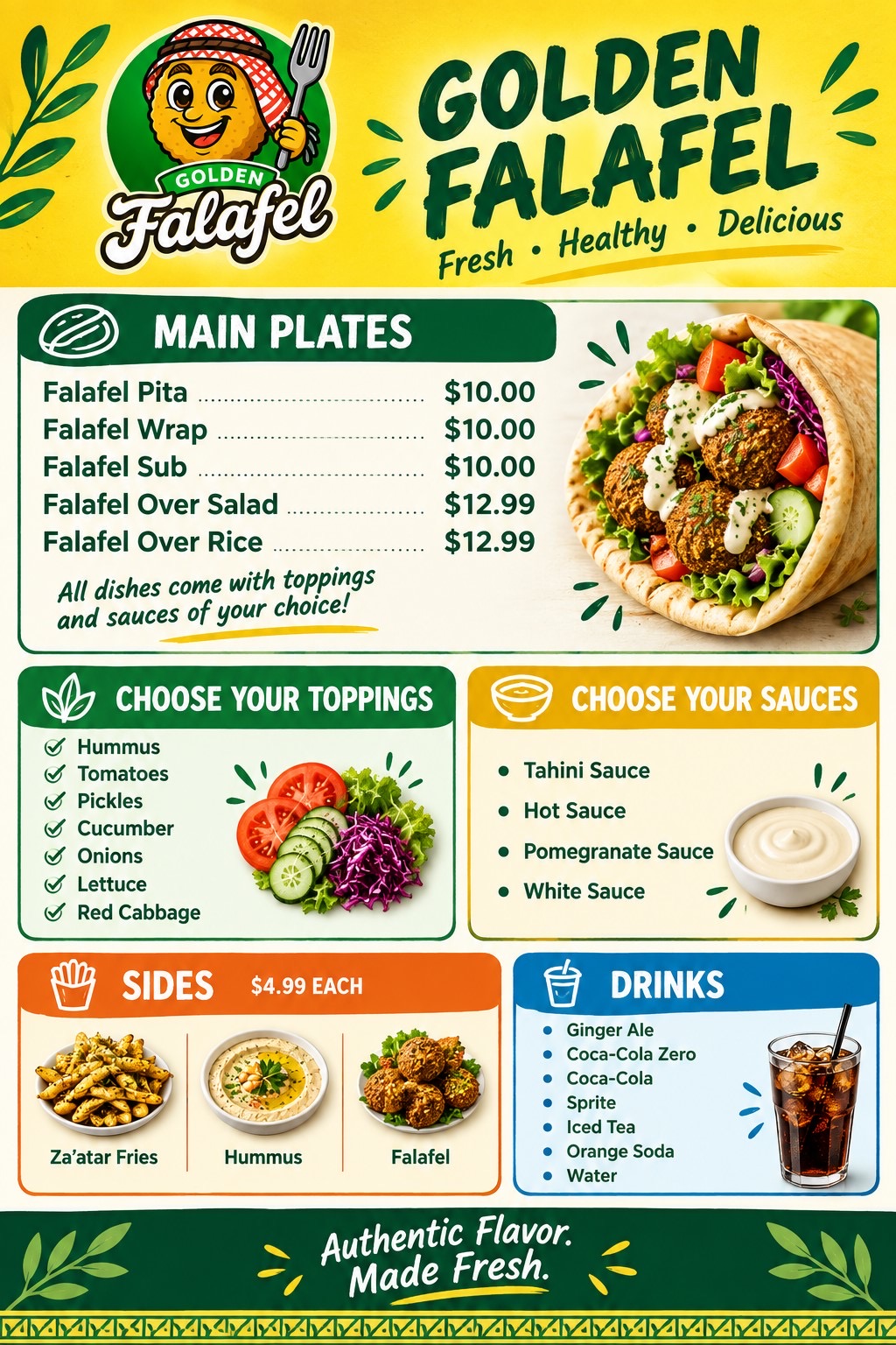 Golden Falafel official illustrated menu showing all food choices and prices